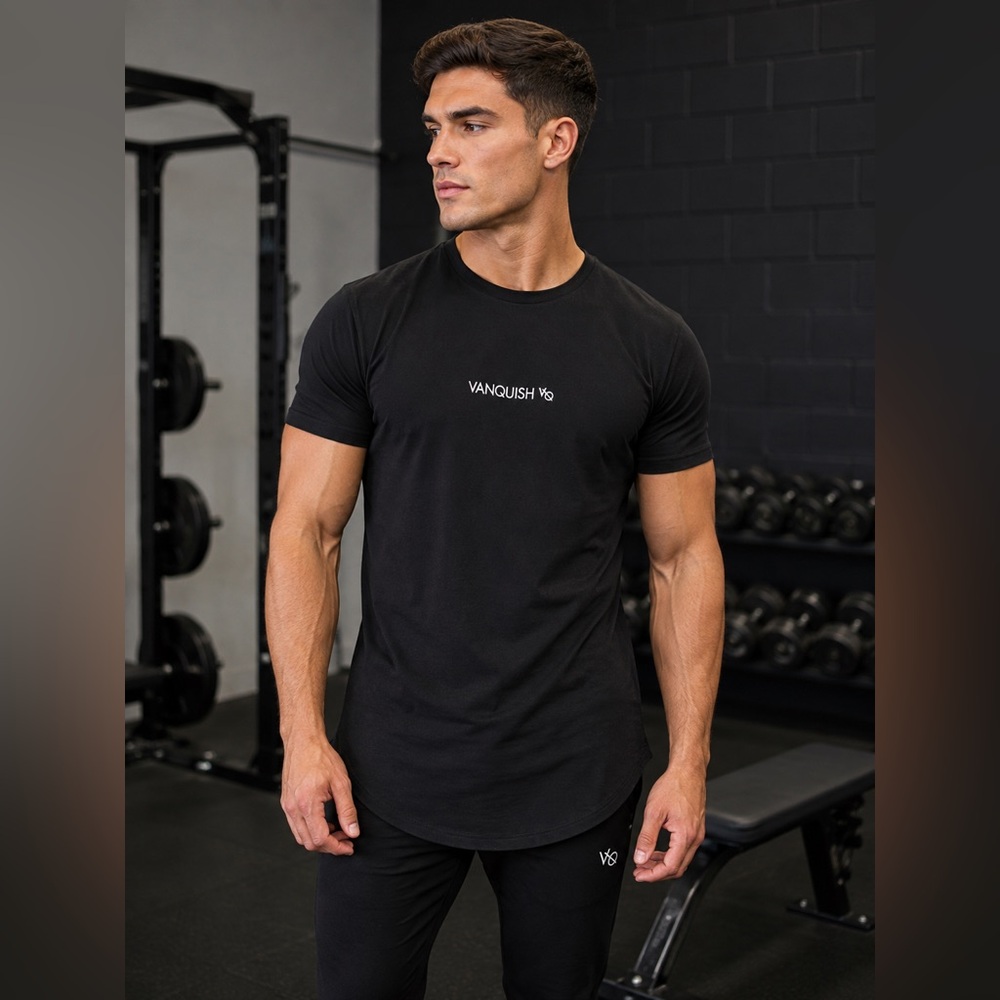 Vanquish Fitness Mens Large Black Longline T Shirt VQ Gym Stretch Curved Hem Tee